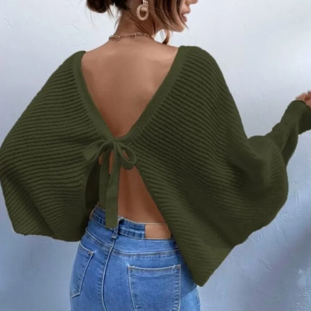 Cozy open tie back knit sweater top dusty GREEN - Picture 6 of 6